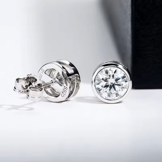 1ct (2ct total) 6.5mm Round Halo Bezel Moissanite Setting Earrings in solid 925 Sterling Silver